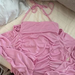 Draped Front Ruched Halter Neck Trumpet Sleeve Crop Tee